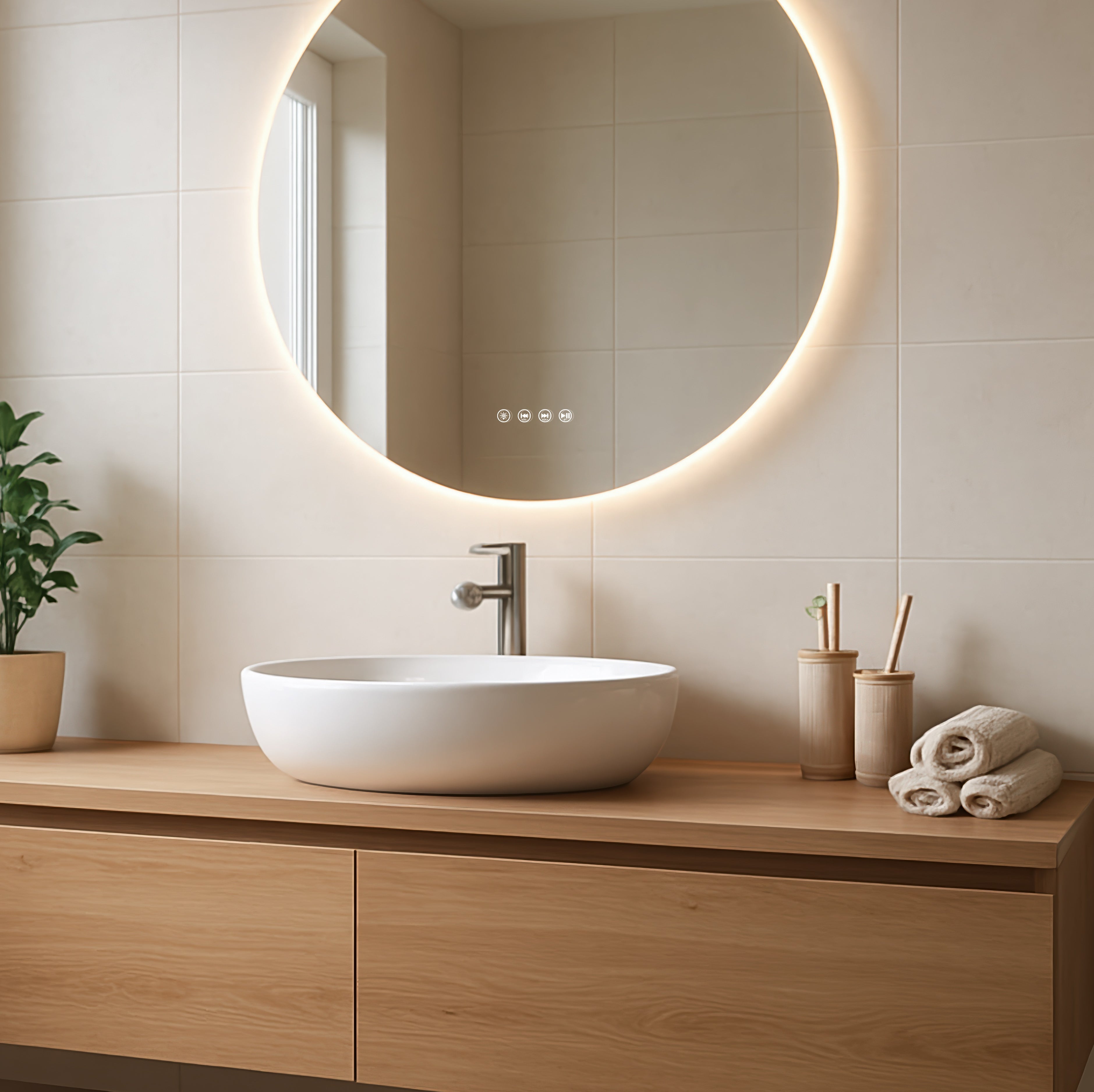 Bathroom vanity with round LED mirror, sink, and wooden cabinet.