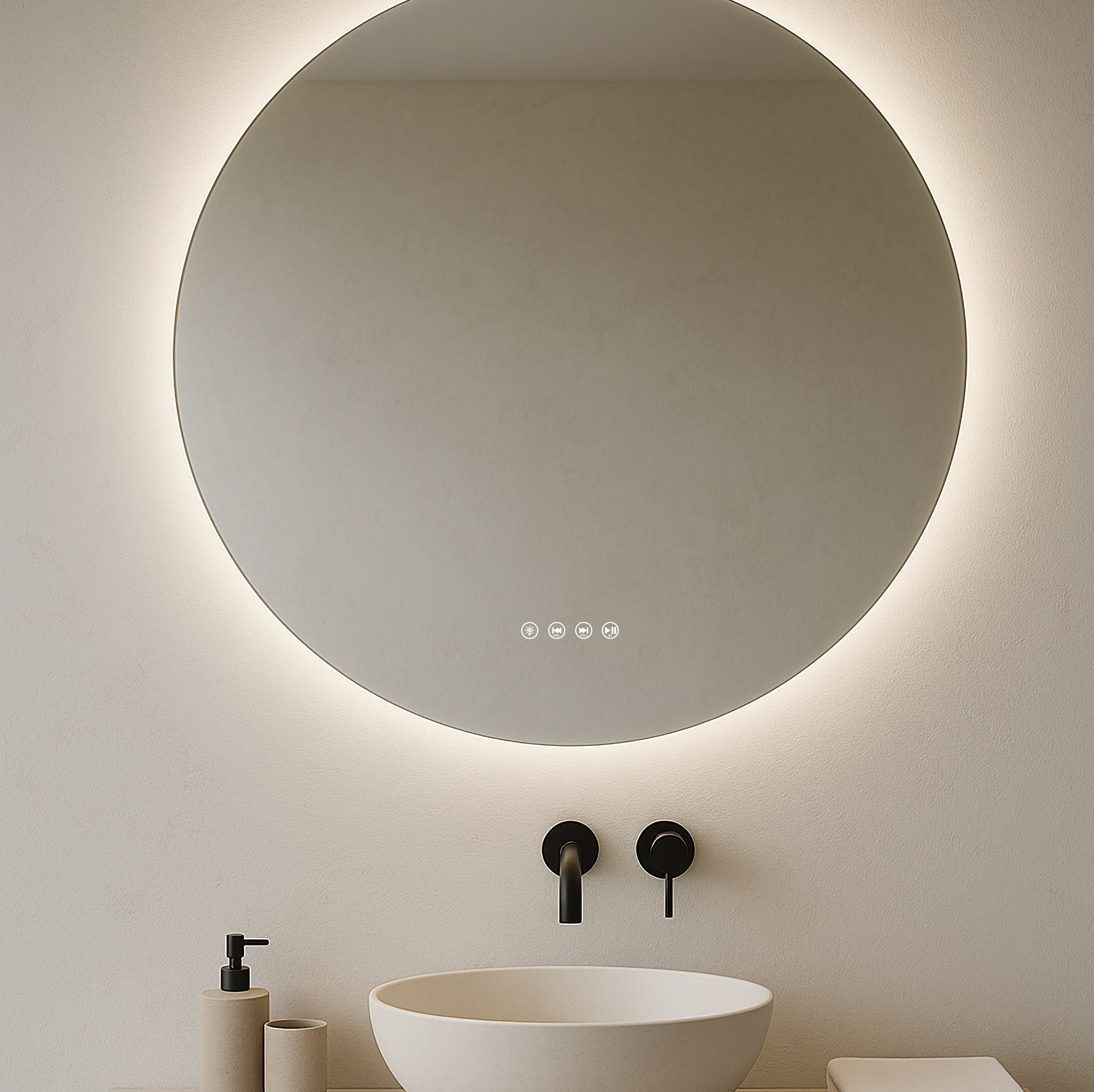 Bathroom vanity with round LED mirror and white sink