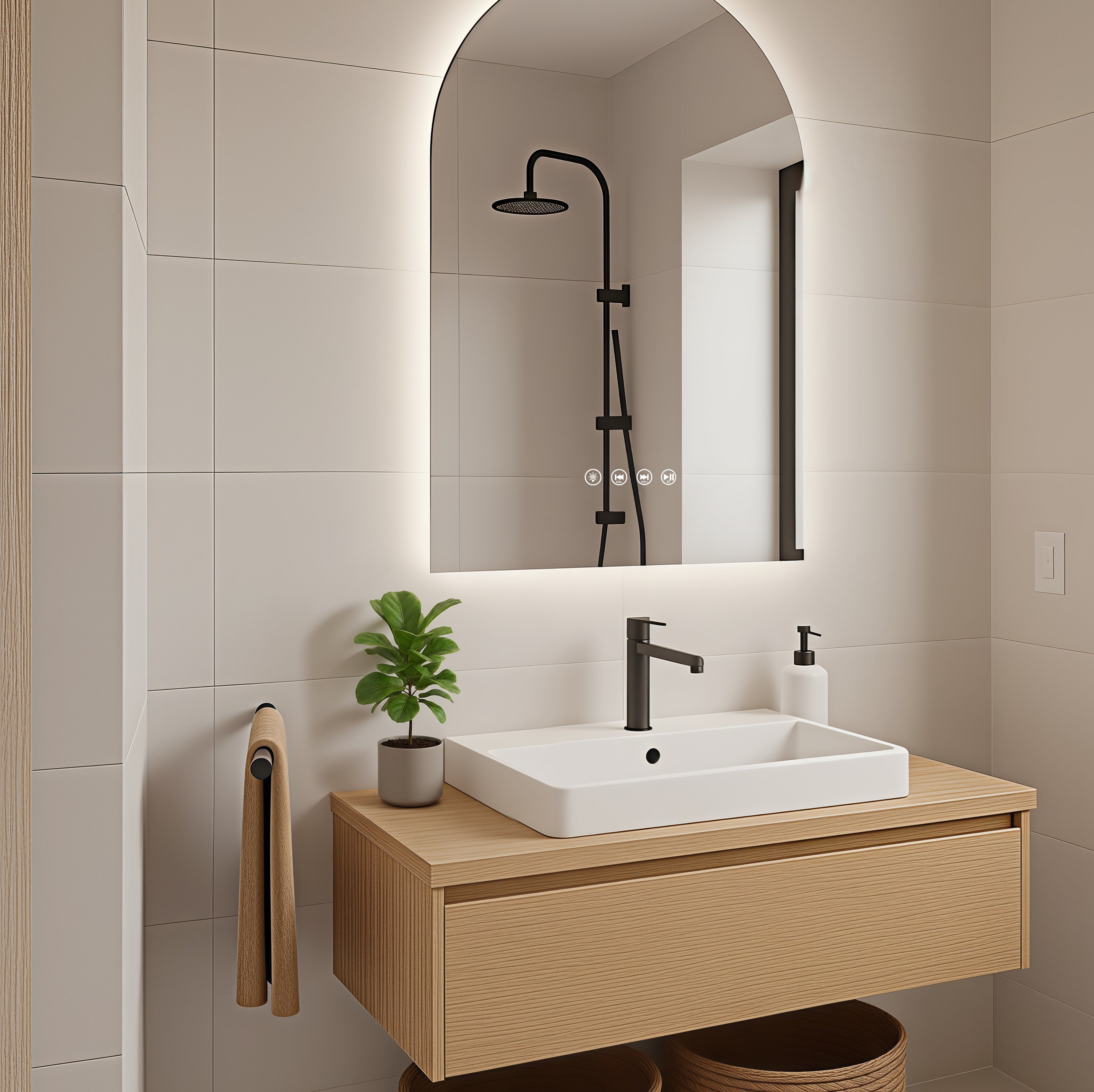 Bathroom vanity with sink, arched LED mirror, and decorative elements.