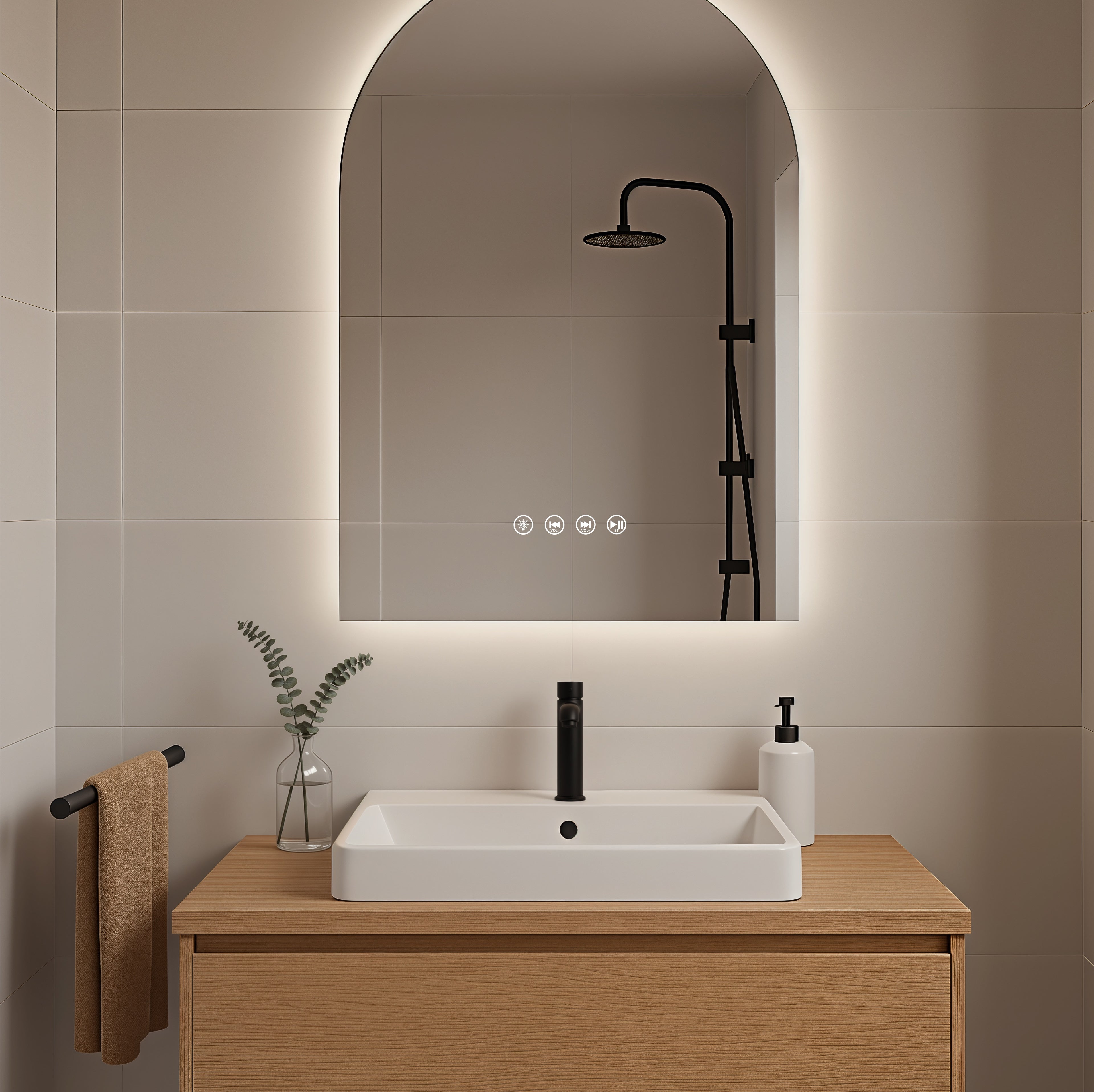 Modern bathroom setup with a vanity, mirror, and shower fixtures.