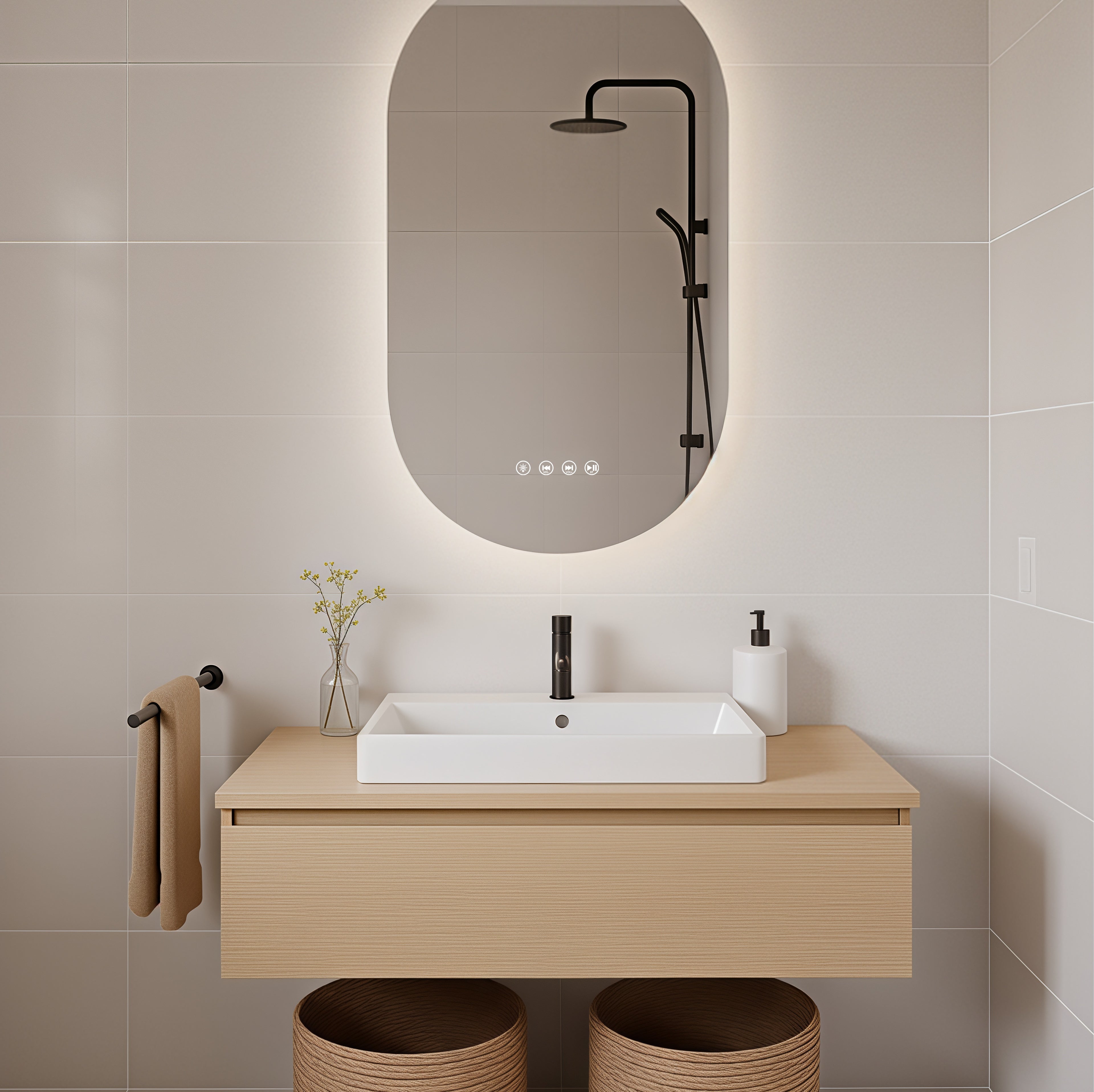 Modern bathroom with wooden vanity, pill shaped LED mirror, and decorative elements.