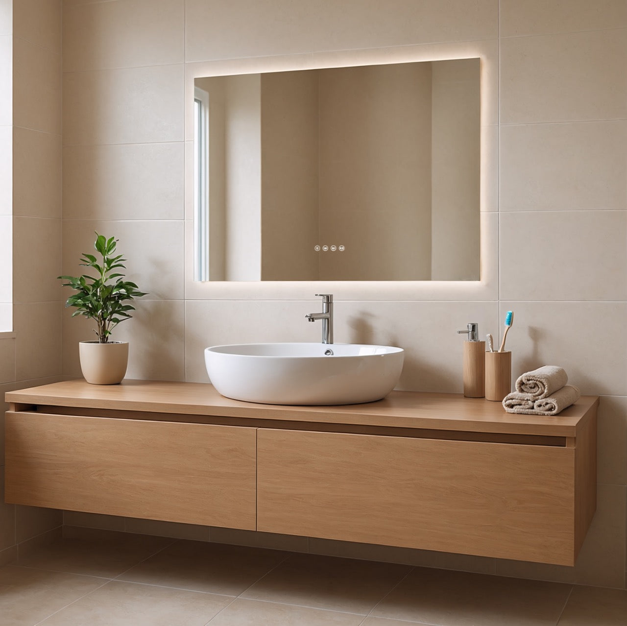 Bathroom vanity with a sink, rectangular LED mirror, and toiletries against a tiled wall.
