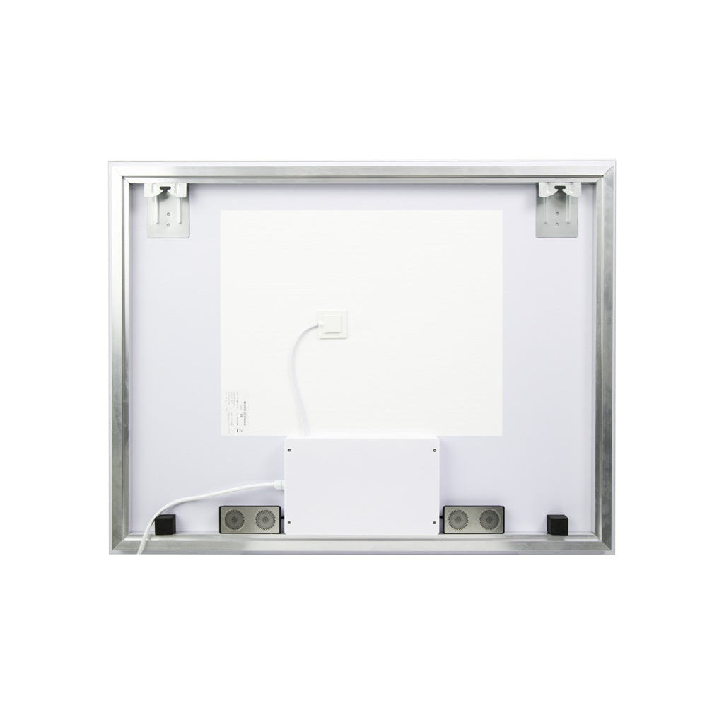 reverse of LED mirror showing the bluetooth speakers, heating pad and cabling