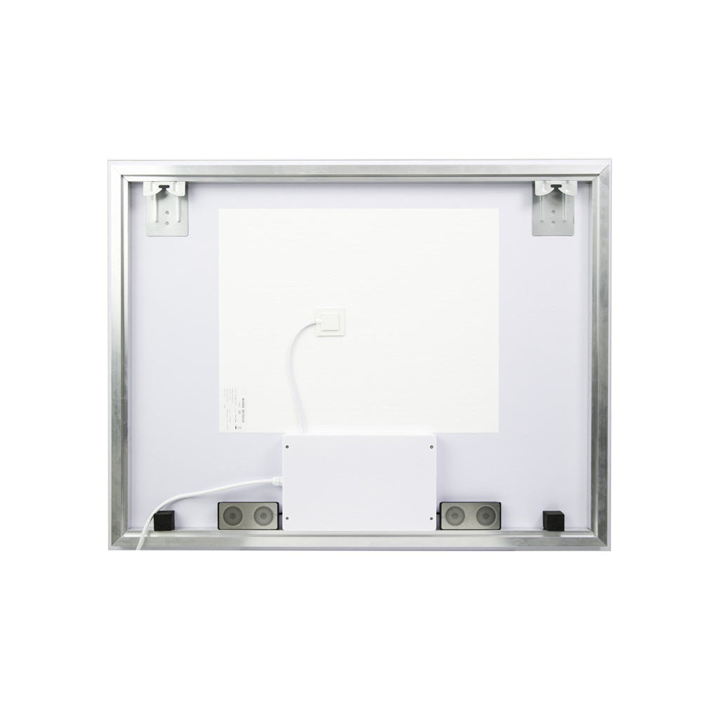 reverse of LED mirror showing the bluetooth speakers, heating pad and cabling