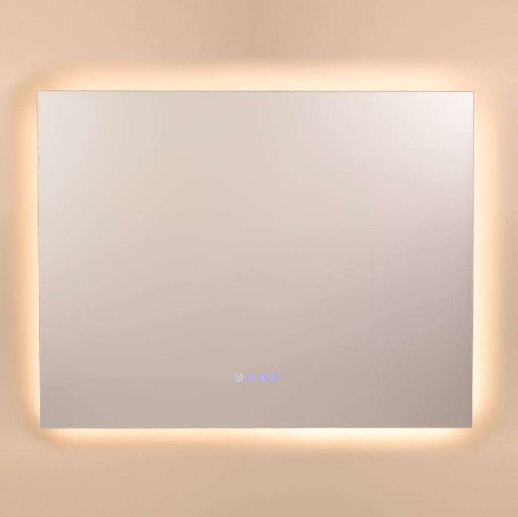 Rectangular mirror with LED lighting on a beige wall