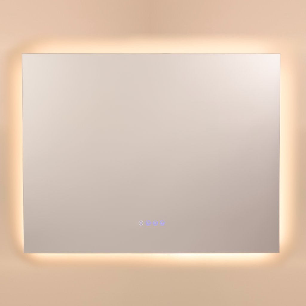 Rectangular mirror with LED lighting on a beige wall