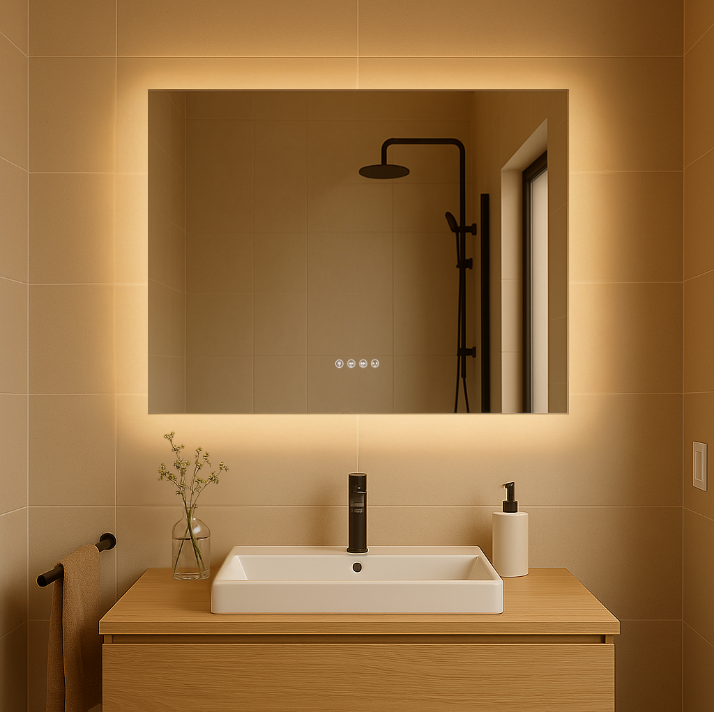 A rectangular LED mirror with built-in lighting, reflecting a bathroom setup, mounted above a wooden vanity with a modern sink, towels, and a shower in the background.