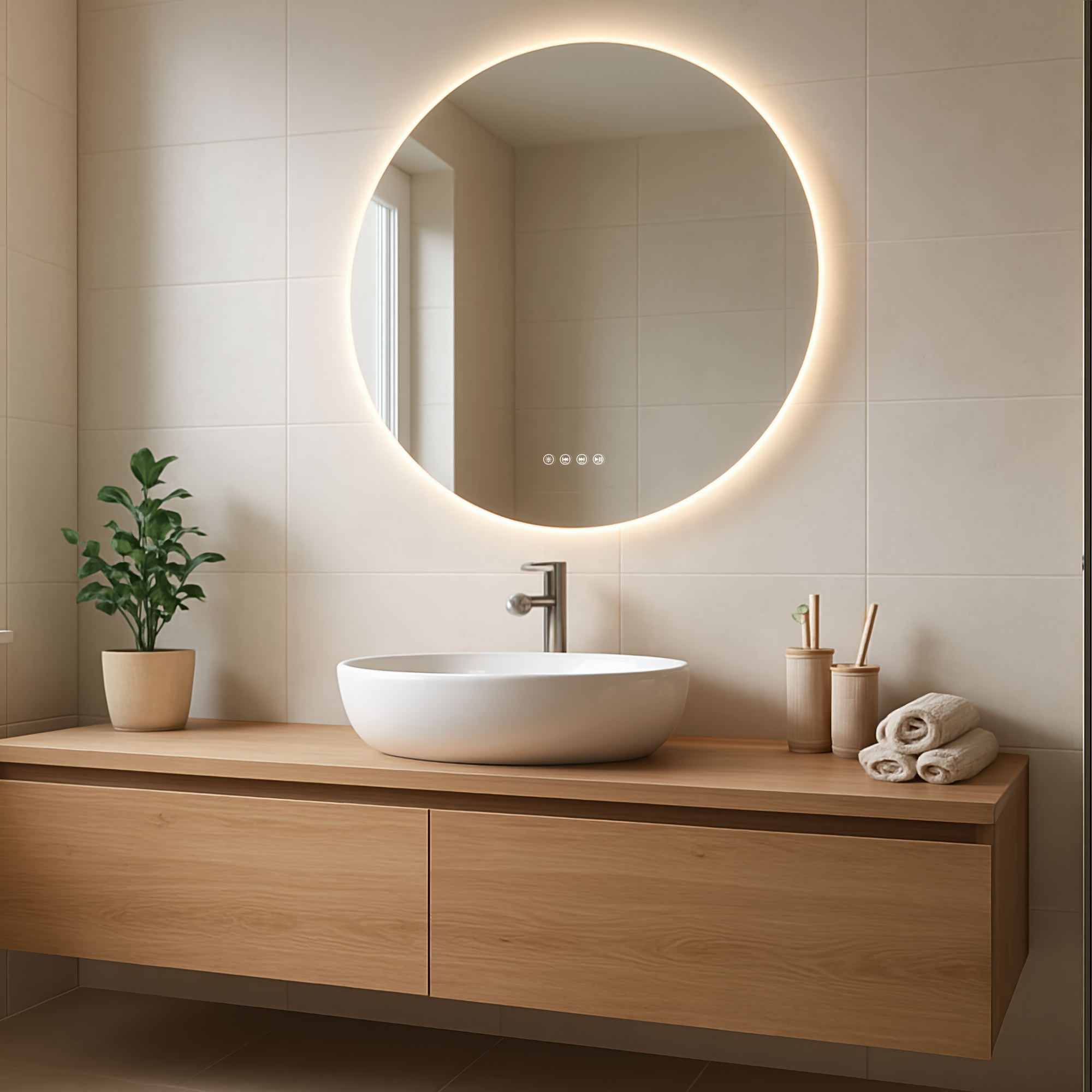 Modern bathroom vanity with round LED mirror, sink, and decorative items.