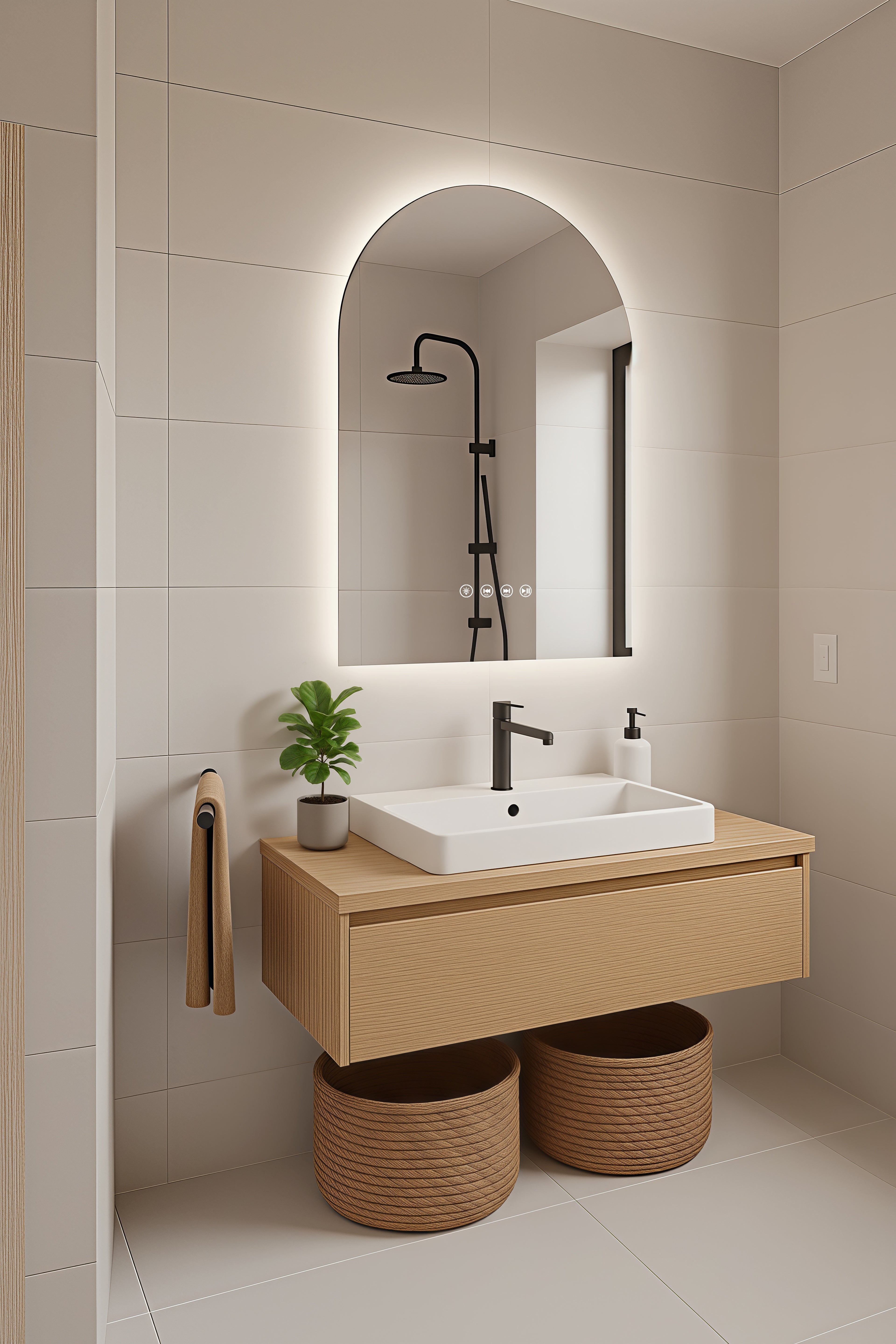 Bathroom vanity with sink, arched LED mirror, and decorative elements.